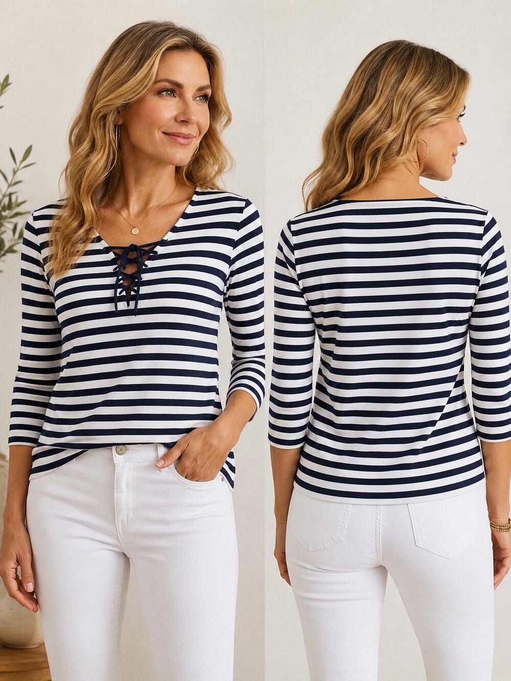 City DKNY Navy White Striped Lace-Up Cotton Knit Sweater Top Size Medium